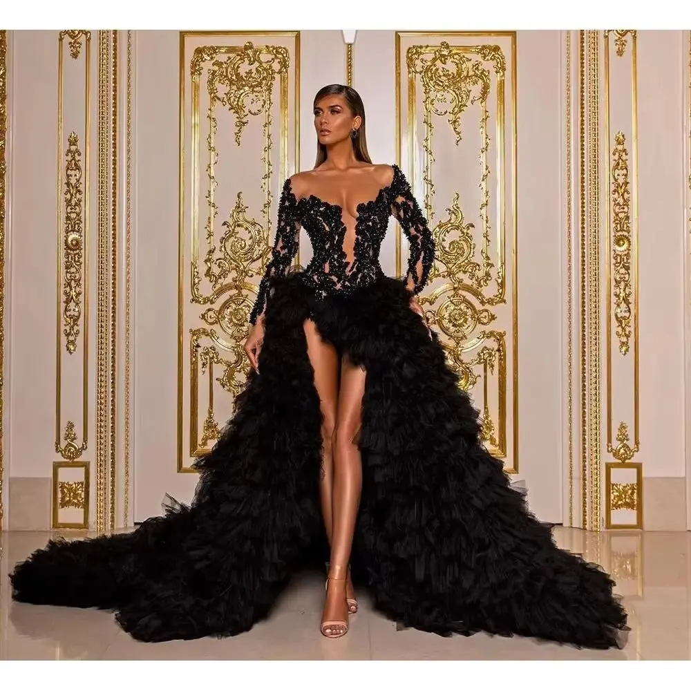 

robe de soiree Dubai Long Sleeve Prom Gowns Formal Dresses for Wedding Deep V High Split Prom Gown Ruffle Applique Custom