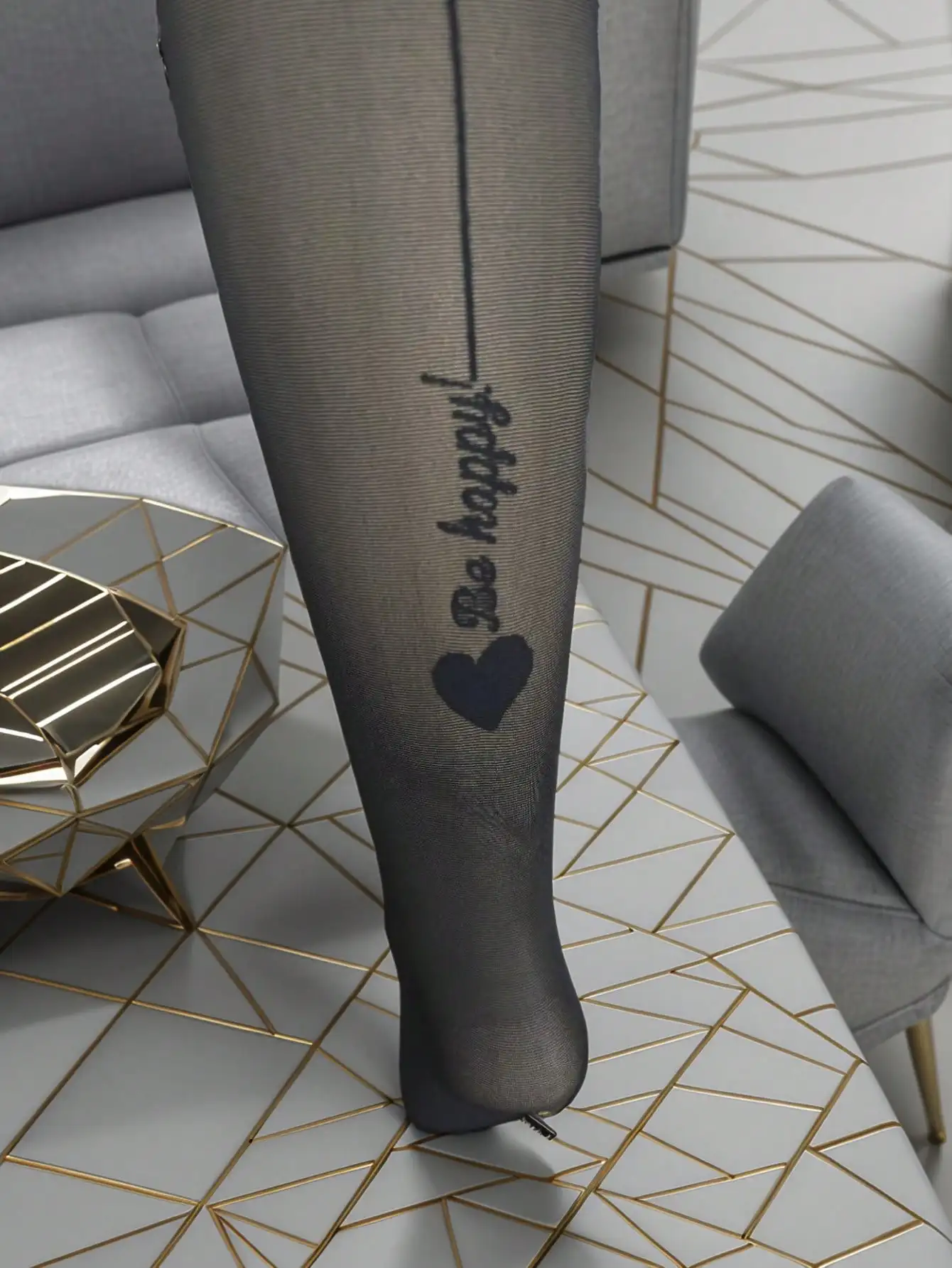 1Pair Plus Size Back Seam Heart Letter Print Sheer Black Pantyhose Street Curvy Women Autumn Tights