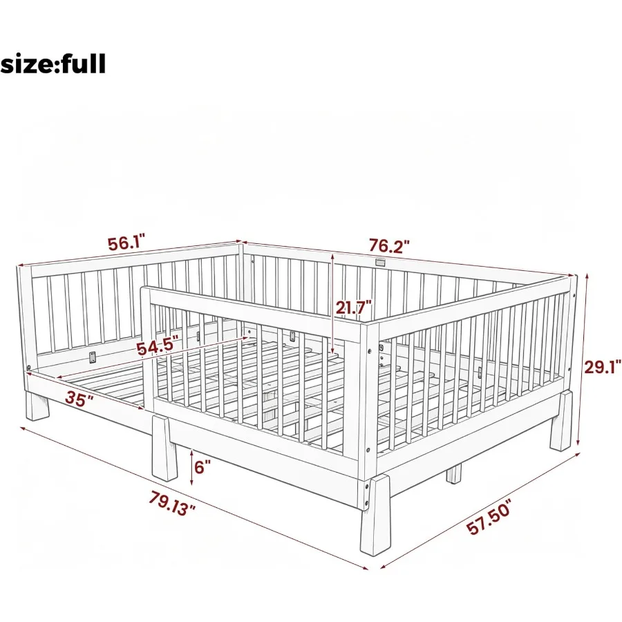 Montessori Floor Bed For:Wooden, Natural Wood Color, 3-in-1 Convertible With Guardrails, No Box Spring Needed