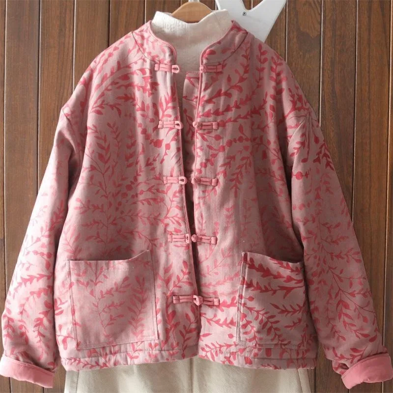 Ethnic-style Retro Cotton Linen Button-up Cotton Thickened Warm Cotton-padded Jacket, Stylish Printed Stand-up Collar for Women.