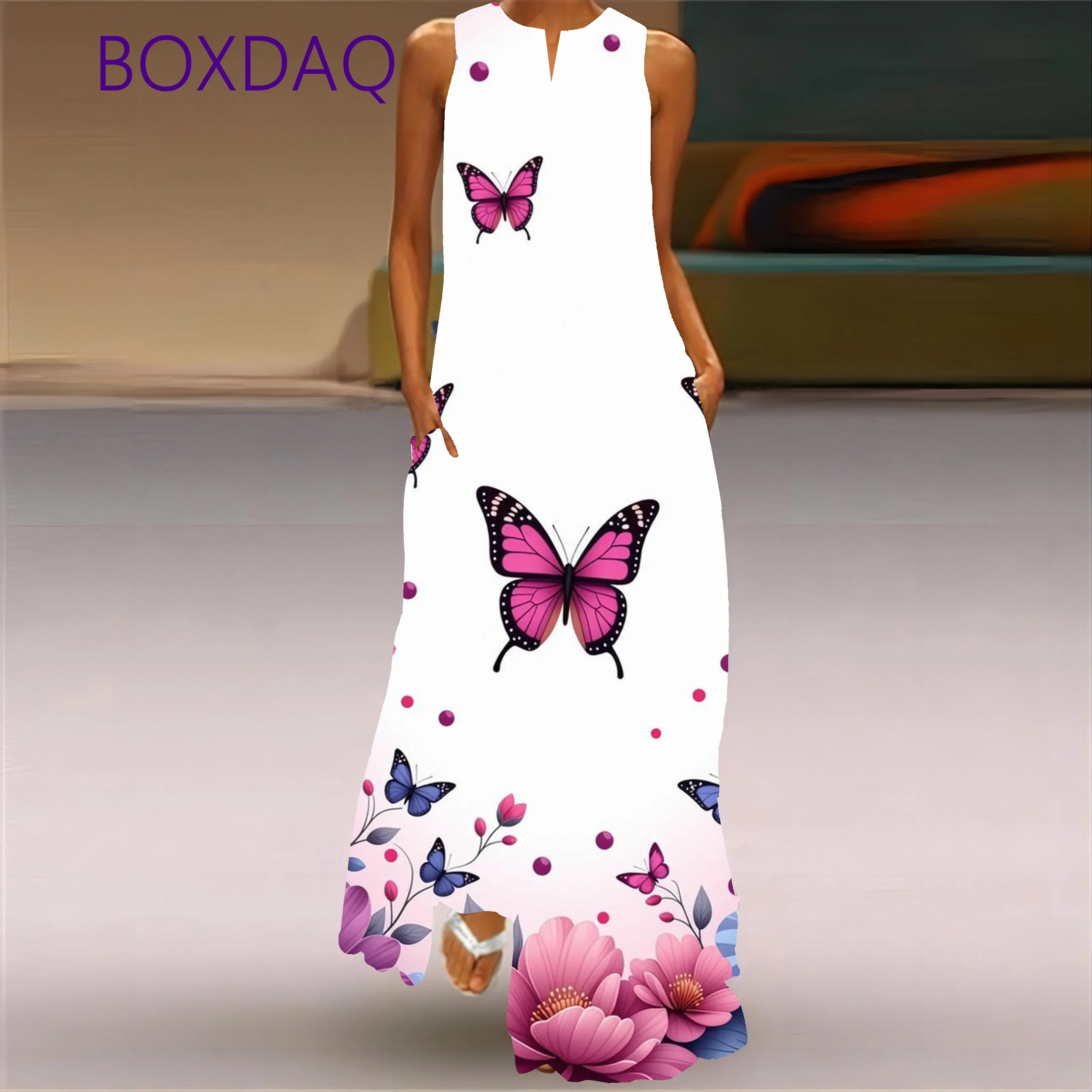 Large Size 3XL Women Long Dress Summer Vintage 3D Butterfly Printed Maxi Dresses For Women Sleeveless V-neck Loose Casual Robe