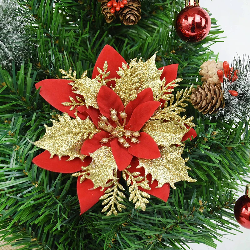 3pcs Christmas Flower Glitter Artificial Poinsettia Flowers Head Christmas Tree Ornament For New Year Xmas Party Wreath Supplies