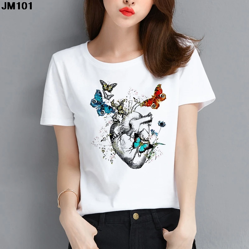 Art Heart Gedrukt Dames T-shirt Zomer Mode Streetwear Dunne T-shirt Harajuku Casual Korte Mouw Witte Top Tee Vrouwelijke T-shirt