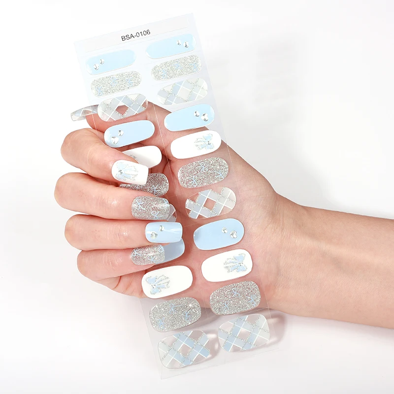 Bandes pour ongles en Gel à paillettes, 22 pointes, couverture complète sans cuisson, Plaid, nœud papillon, étoile, autocollants pour ongles, décoration de manucure à faire soi-même, Y2K