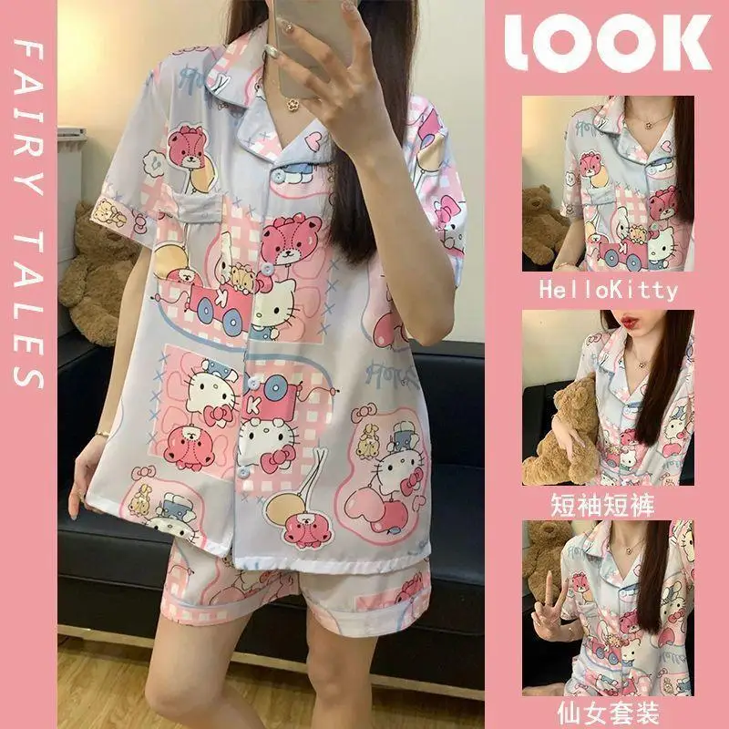 

Sanrio Kawaii Girls Pajamas 2Pcs Hello Kitty Student Spring and Autumn Long Sleeve Trousers Cartoon Home Clothing Two-Piece Set