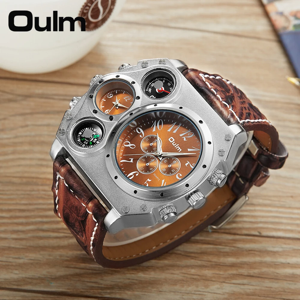 Oulm Unique Designer Brand Male Sports Watch Multiple Time Zone Quartz Watches Big Dial Casual Wristwatch Mens Military Watch