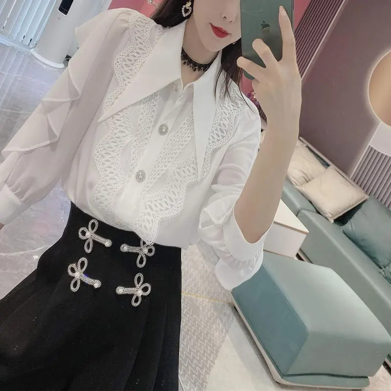 Spring Summer Commute Ruffles Spliced Shirt Female Clothing Turn-down Collar Stylish Lace Hollow Out Chic Single-breasted Blouse