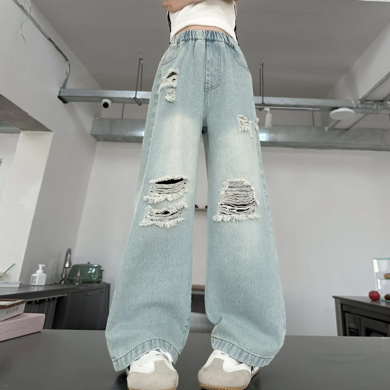 Brief Style Kids Girls Loose Straight Ripped Jeans with Holes For Teenager Child Casual Broken Light Blue Distressed Denim Pants