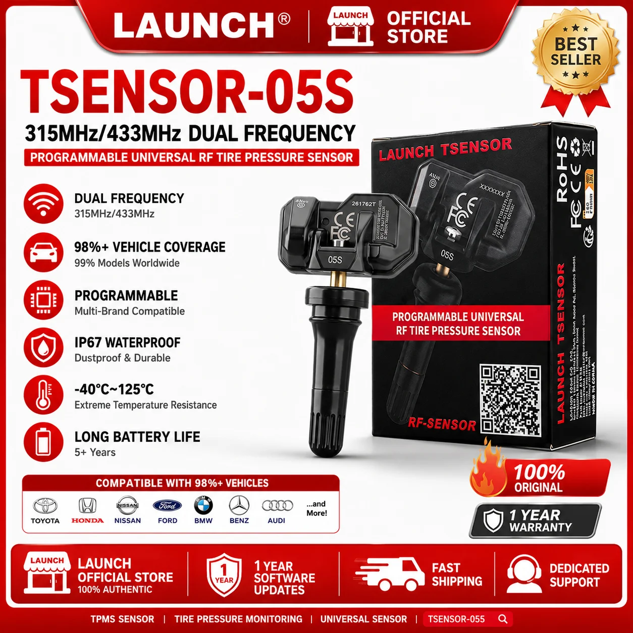 LAUNCH Tire Repair Tool Scanner Tire Pressure Monitor Tester 2026New TPMS Sensor RF Dual Frequency 315/433MHz Press-in OE-Level
