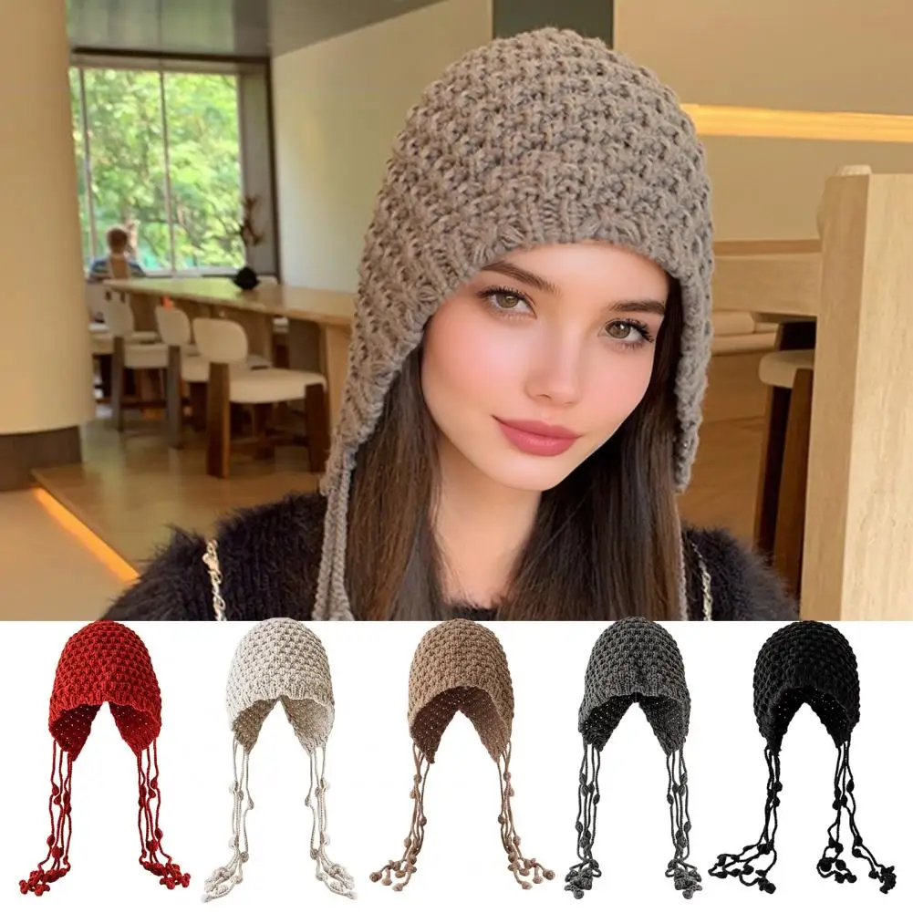 

Women Knitted Cap Handwoven Ethnic Style Fringed Knit Hats for Autumn Winter Women's Crochet Skull Cap with Tassel Hollow Lace