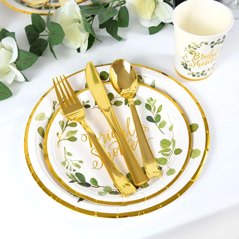 

16pcs Bridal Shower Disposable Tableware Wedding Paper Plate Cup Plastic Knife Fork Spoon Team Bridal Bachelor Party Supplies