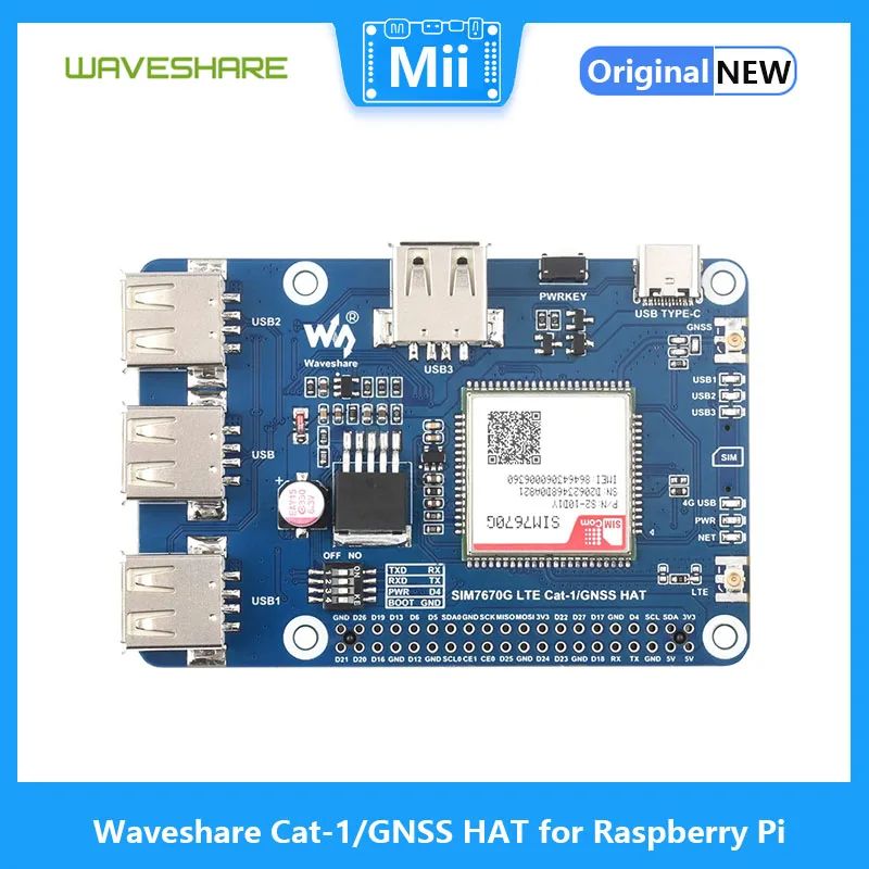 Waveshare Cat-1/GNSS HAT for Raspberry Pi, Based On SIM7670G module, Global Multi-band LTE 4G Cat-1 support, GNSS, 3x USB 2.0