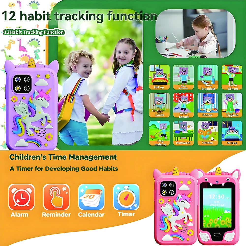 Mini Kids Smart Telefoon 8GB Cartoon Eenhoorn 2.8 ''Verhalen Muziek Camera Gewoonte Track Baby Mobiele Speelgoed Telefoon Educatief gereedschap Geschenken