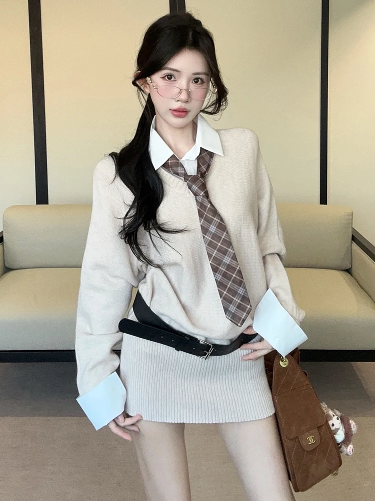 Korean Chic Slimming  Neck Long Sleeve Knitted Sweater Dress Fashionable Preppy Style All-Match Bodycon Dress for Women