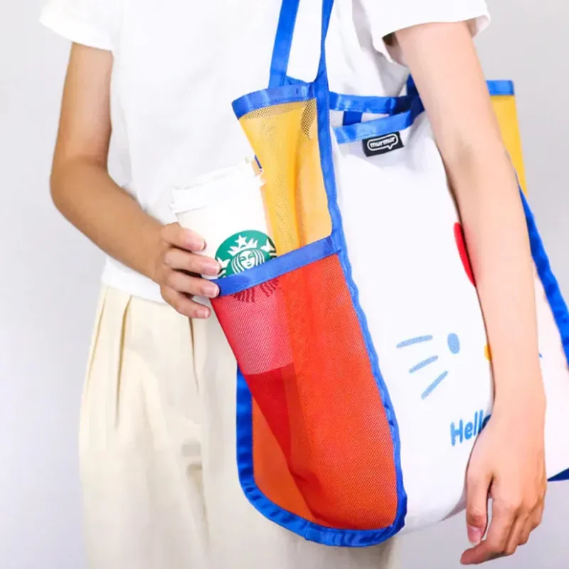 

Сумка через плечо Hello Kitty's, сумка через плечо с мультяшным сердечком для девочек, большая вместительная сетчатая сумка, нейлоновые сумки с аниме-фигурками для женщин