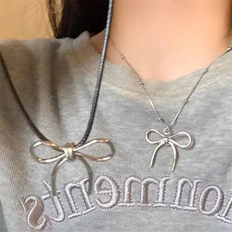 Sweet Cute Bowknot Pendant Rope Chain Necklace For Women Girl Choker Necklace Cool Y2K Aesthetic Jewelry Gift