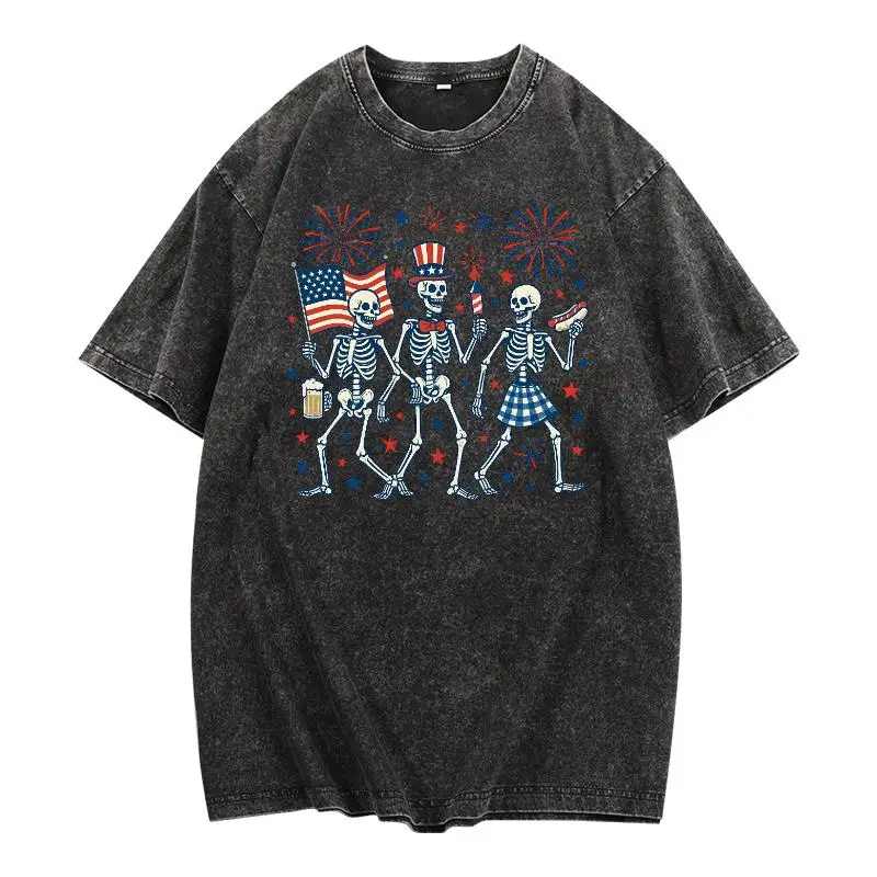 

Men's Vintage Washed Skeleton T-Shirt, American Patriotic Day Of The Dead Print, Funny Halloween Party, Loose Streetwear Blouse