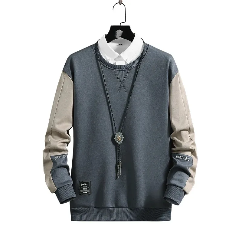 Men's Spring Autumn Letter Solid Pullover Round Neck Screw Thread Lantern Long Sleeve Sports Hoodies Casual Loose Vintage Tops