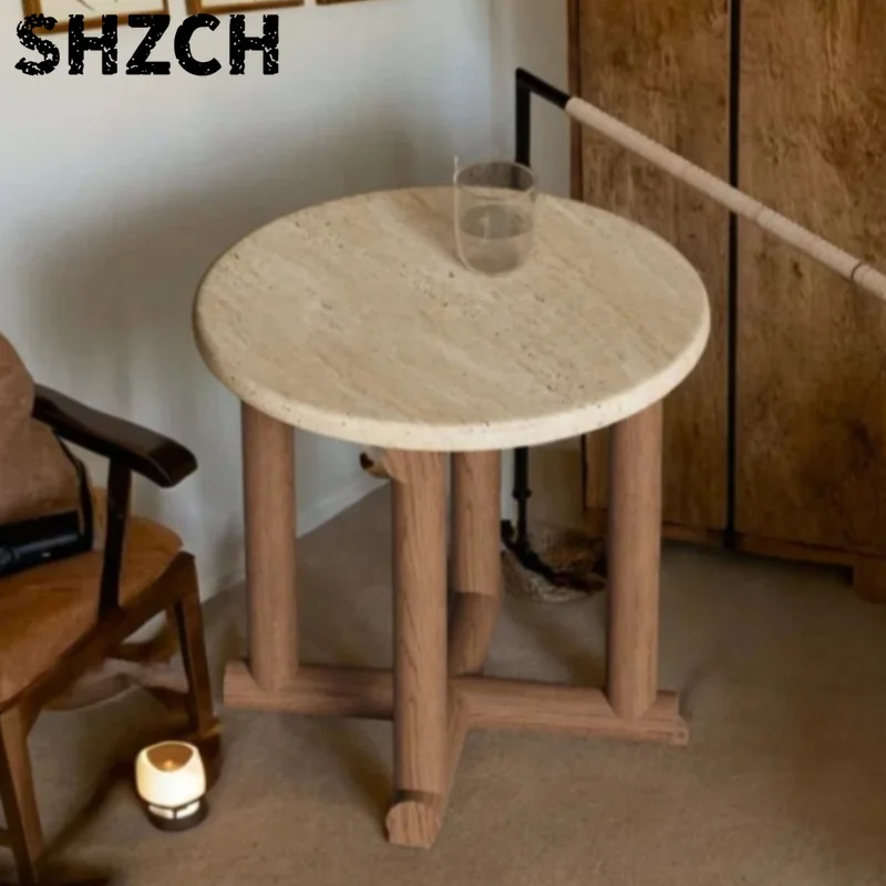 Scandinavian Style Stone Coffee Table, Small Round Side Table for Bedroom, Natural Texture Wood Base, Compact End Table for Sofa