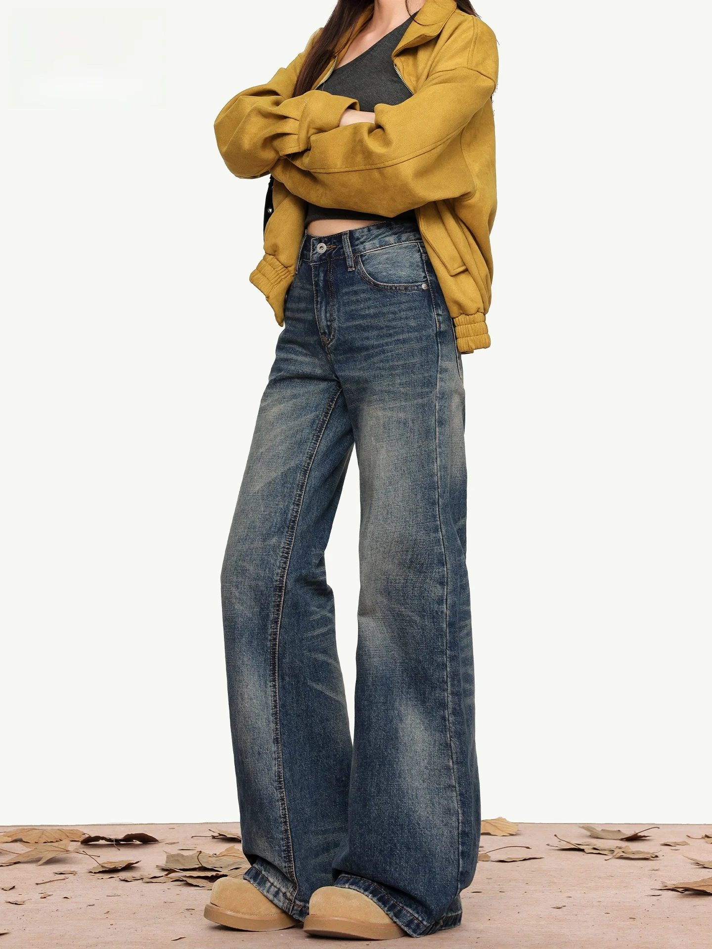 

Deep Blue Women's Jeans Mid-Low Waist Vintage Washed Micro Denim Casual Loose Fit Winter Collection Ladies Fashion