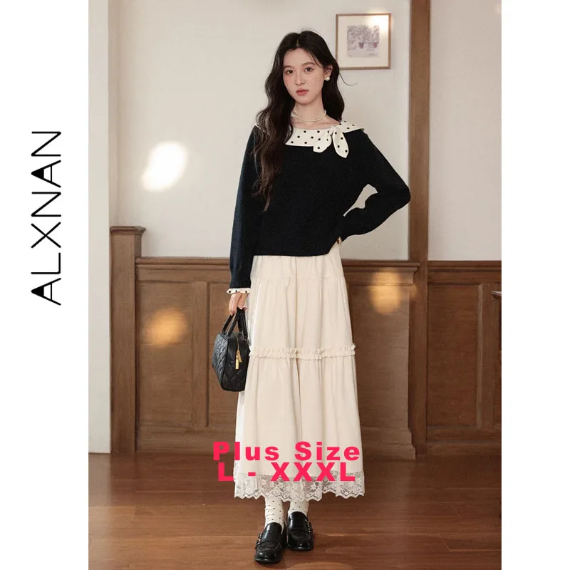 

ALXNAN черный пуловер больших размеров в горошек в стиле пэчворк с галстуком-бабочкой обычный вязаный свитер на плечах модный осенний многослойный топ D58657