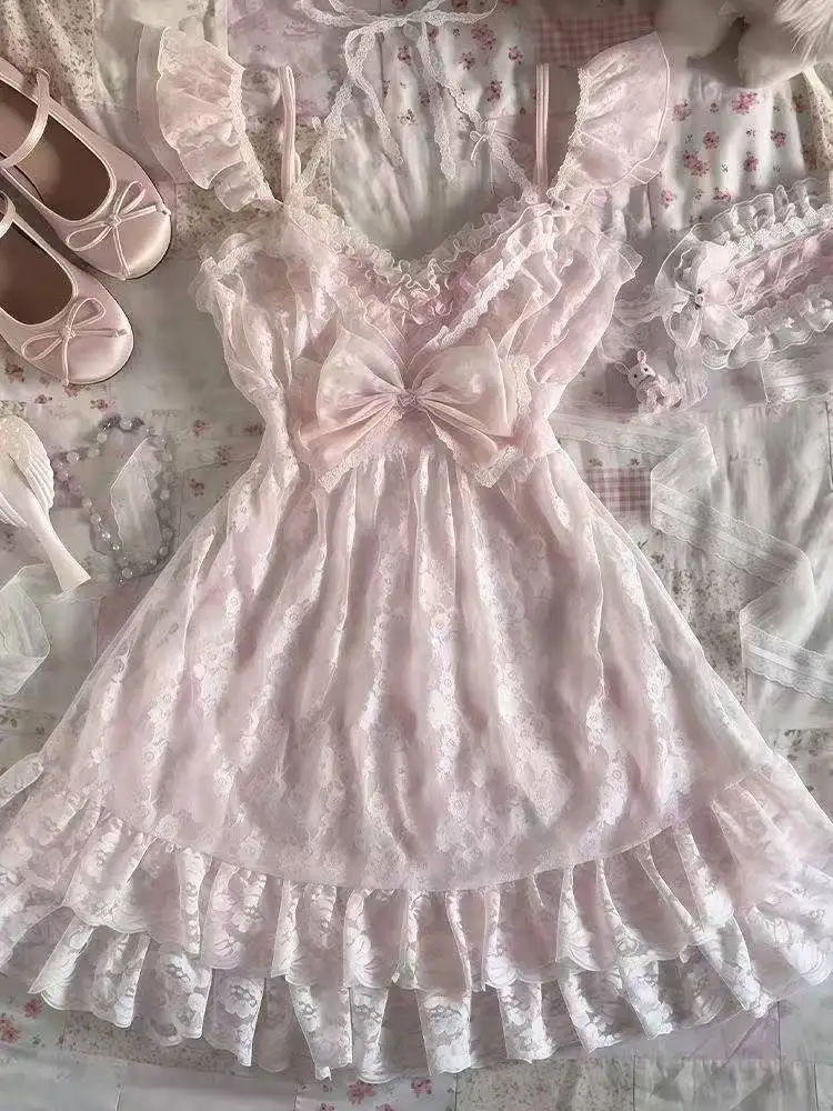 

Японский стиль Лолита: комплект из мини-платья с кружевом, рюшами, без рукавов, с завышенной талией, А-силуэт, новинка 2026 года, элегантное платье с принтом в стиле Харадзюку