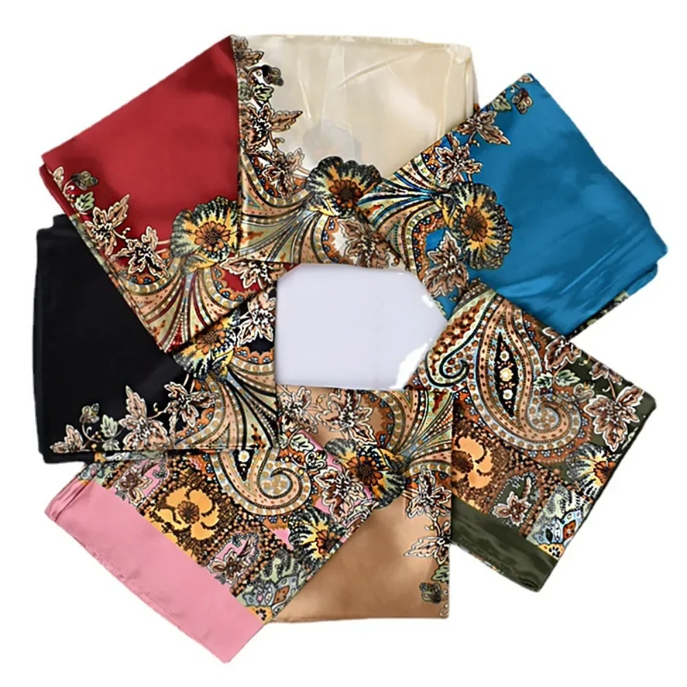 

90*90cm Neckerchief Shawl Wraps Print Silk Satin Scarf square Women Muslim Hijab Elegant Headband Bandana design brand foulard