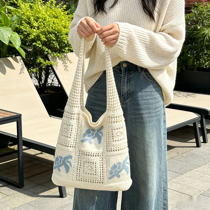 

Shoulder Bag Large Capacity Crochet Tote Bag Embroidered Turtle Hollow Woven Bag Summer Style Knitting Handbag