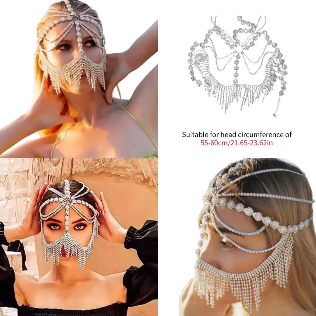 

652F Sparkling Rhinestones Face Mask Chain Veil Headwear Costume Accessory for Party