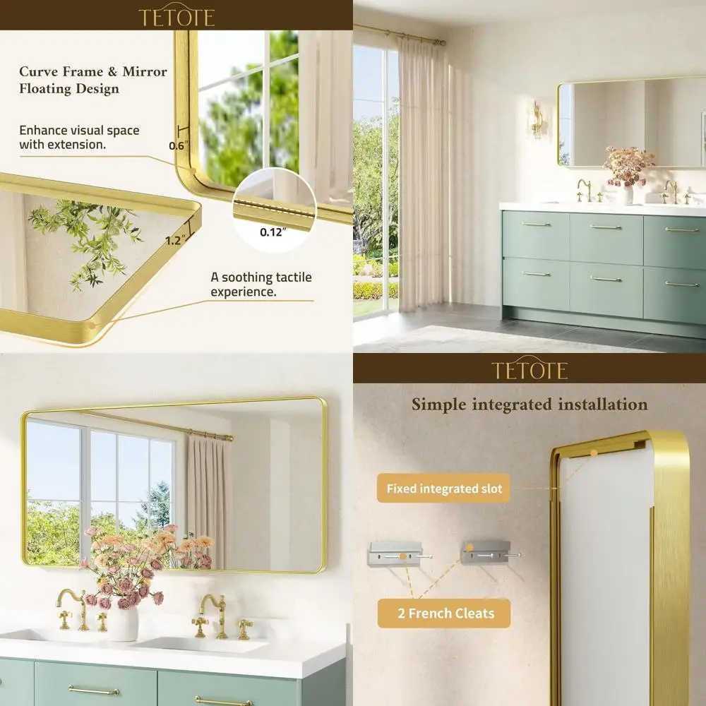 Espejo de pared de vidrio templado estilo granja 48x24, marco dorado cepillado, decorativo moderno para baño (horizontal/vertical)