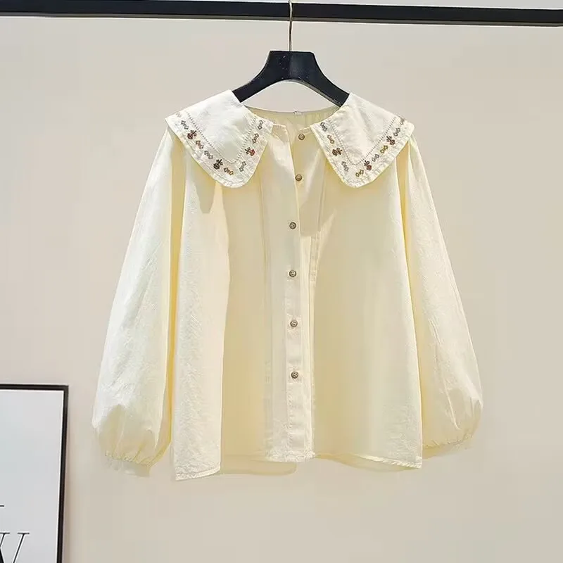 Sweet Embroidery Blouse Women Spring Summer Peter pan Collar Long Sleeve Elegant Tops Shirts Blusas Mujer