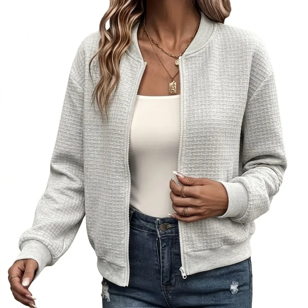 Womens Cropped Knit Jacket with Structured Baseball Collar and Smooth Zip Up Front for Vacation Beach Yoga Outings