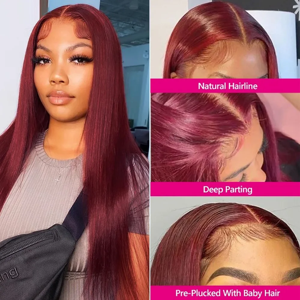 99j Burgundy 36 Inch Straight HD HD Lace Front Human Hair Wig 200 Density 13x6 Glueless Lace Front Human Hair Wig for Women