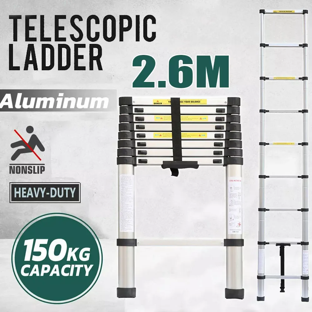 Portable 2.6 Meter Aluminium Telescopic Ladder Extension Extendable 9 Steps Non-Slip Securing Bolt Loft Roof Working