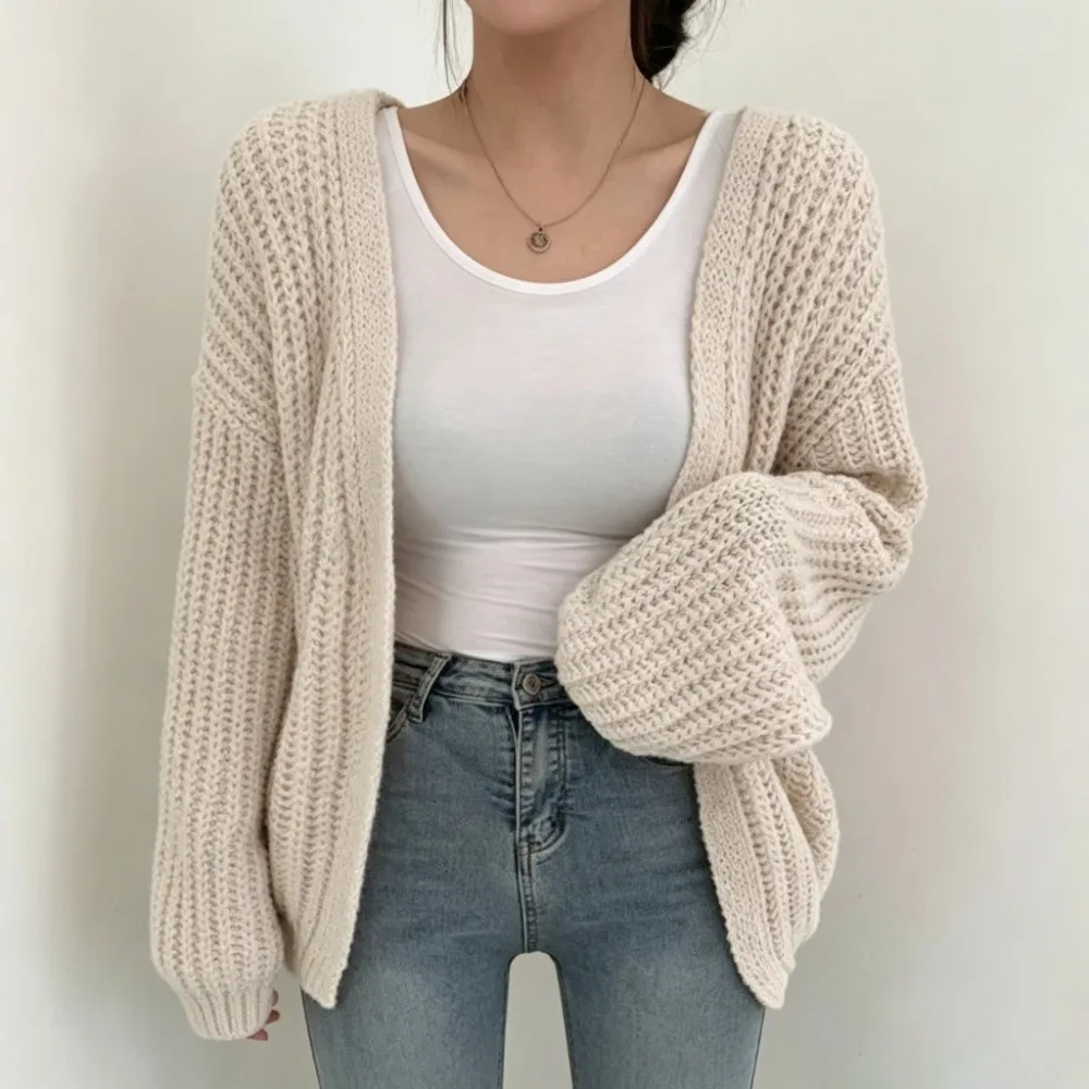 Thick Knit Texture Chunky Knit Cardigan Solid Color Loose Fit Open Front Cardigan Open Front Design Long Sleeve