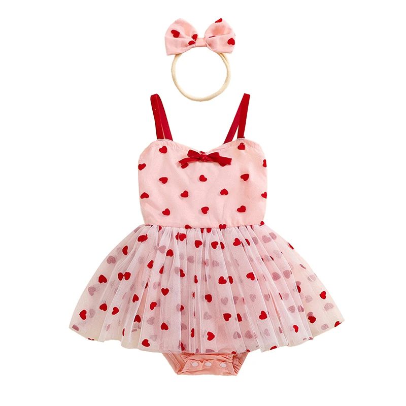 Baby Girl Valentine’s Day Outfits Sleeveless Heart Print Romper Dress with Headband Set Newborn Girls Lovely Bodysuits Clothes