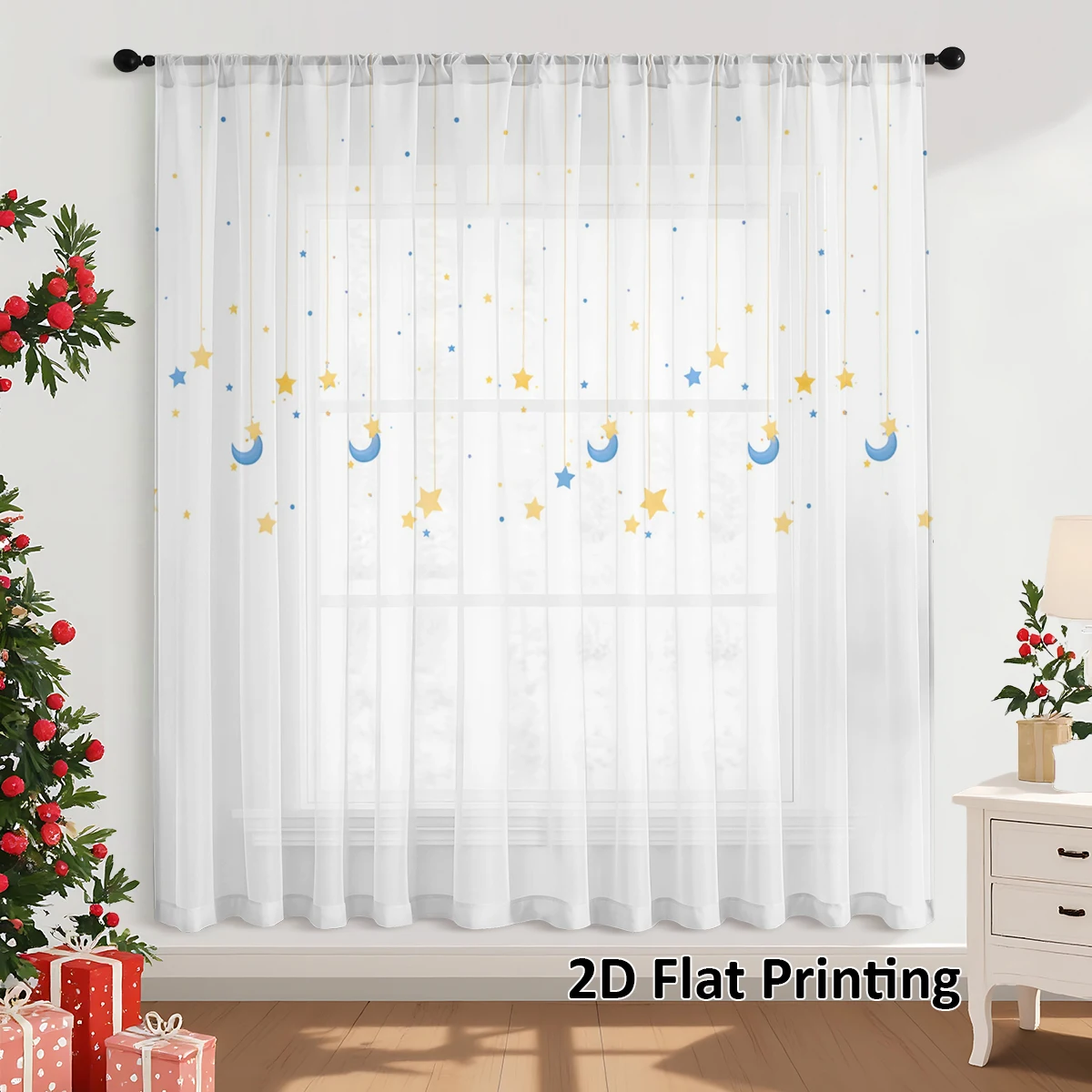 1 Piece Calming Star & Moon Sheer Curtain - Light Filtering, Privacy, Rod Pocket, for Living/Bedroom/Kids Room