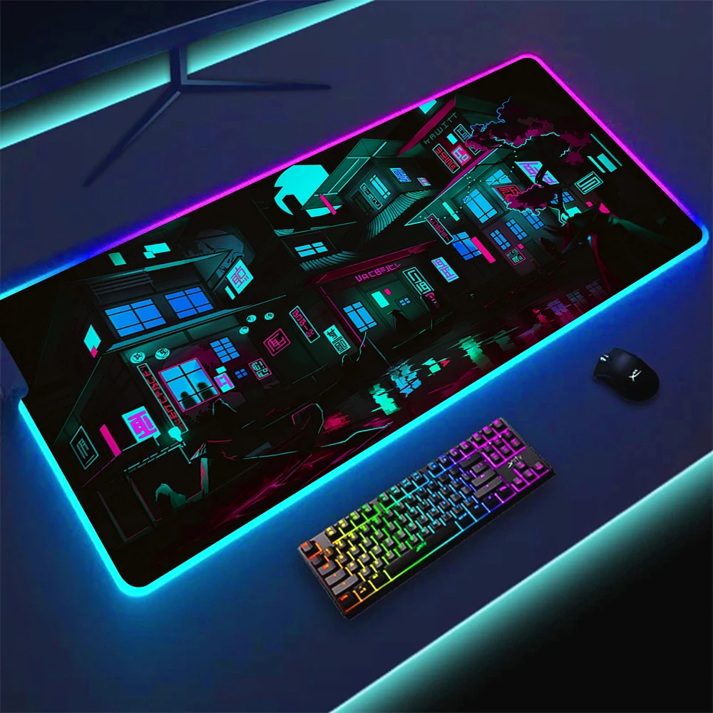 

Игровой коврик для мыши RGB, неоновый коврик для мыши с японским искусством, большой игровой Настольный коврик для мыши с подсветкой 900x400 мм