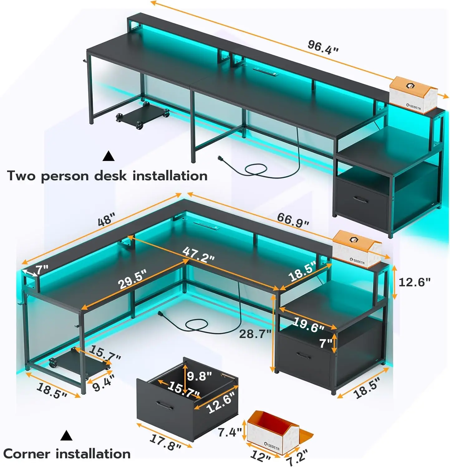 Escritorio para juegos en forma de L, escritorio de oficina en casa de 66 pulgadas con cajón para archivos y toma de corriente, escritorio esquinero para computadora para juegos con luces LED, monitor