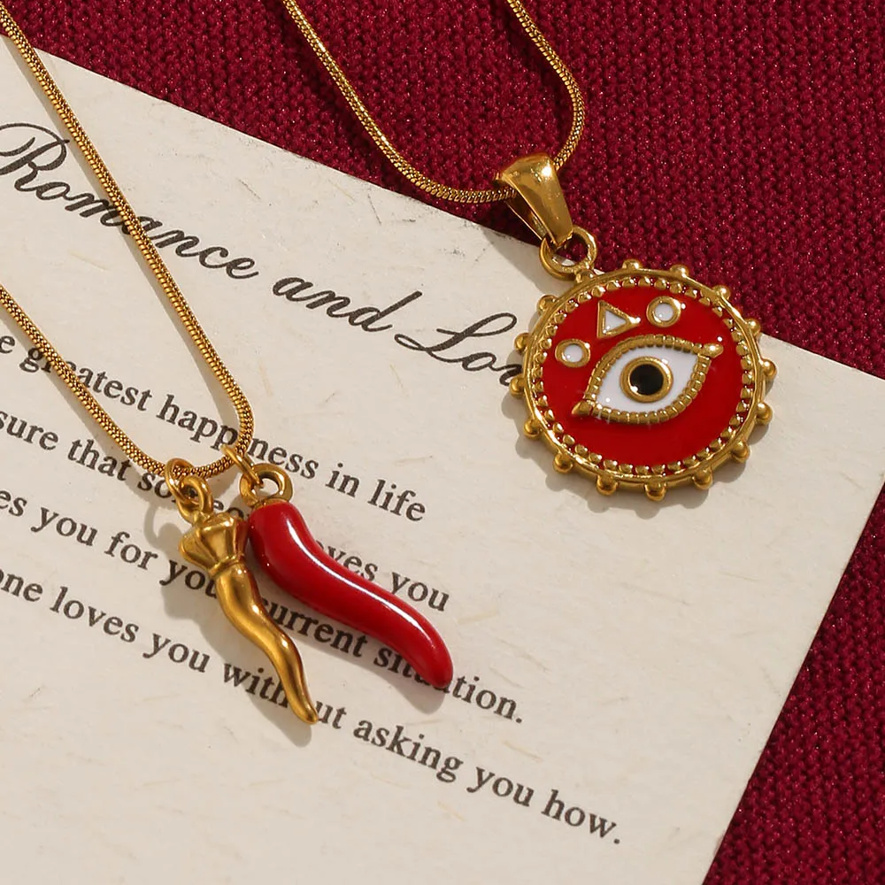 Red Evil Eye Charm Necklace 18K Gold Plated Stainless Steel Enamel Protection Pendant Necklaces for Women Party Dating Jewelry