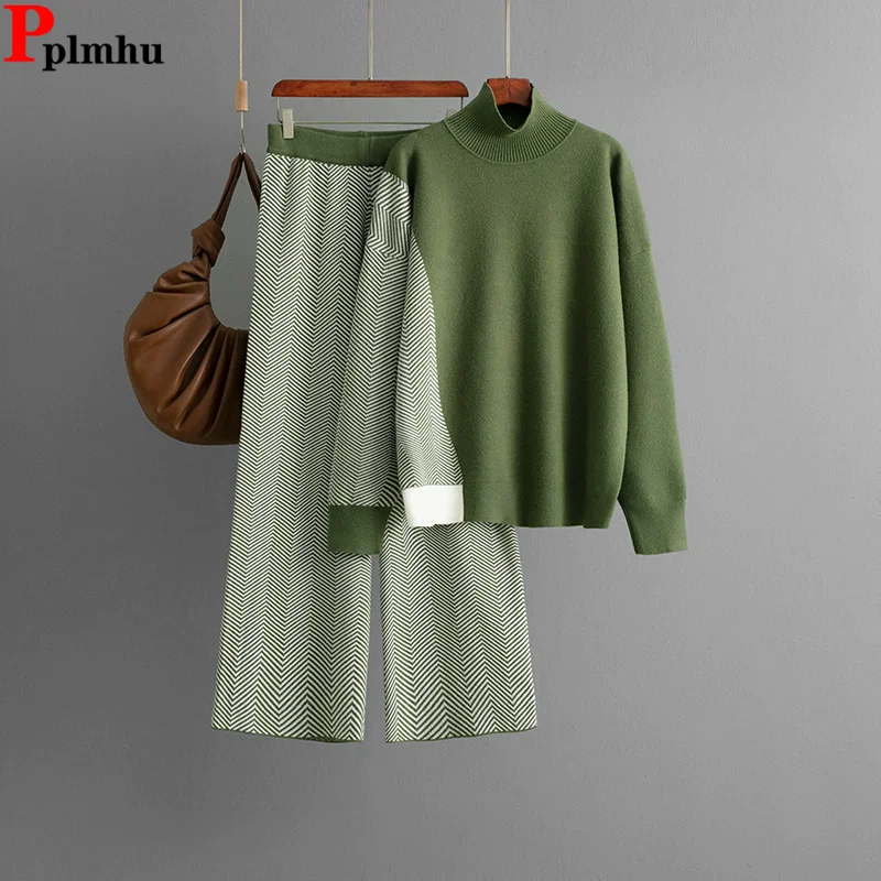 

Korean Fashion Loose Knitted 2 Piece Sets Women Casual Long Sleeve Sweater Pullover Conjuntos High Waist Straight Pants Outfit