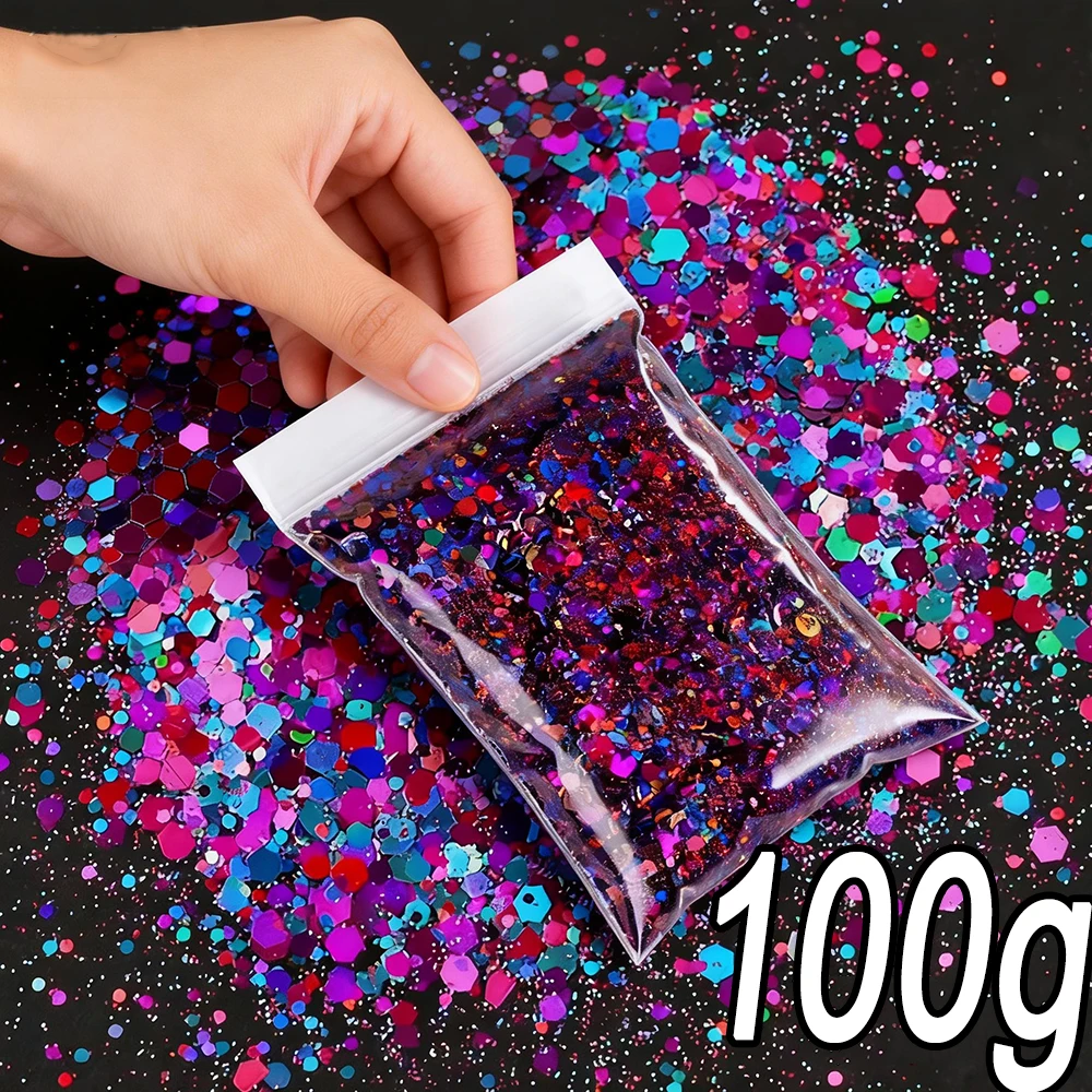 

100 г голографических граненых шестигранных блесток для ногтей, сверкающие пайетки разных размеров, лазерные блестки, глиттер-пудра для маникюра