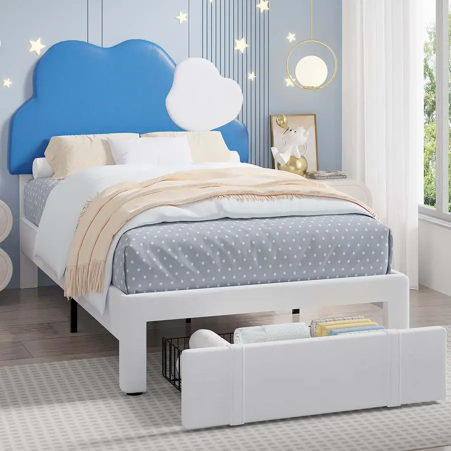 

Twin Upholstered Bed Frame for Kids, Platform Bed Frames with CloudShaped Headboard, Large Storage Drawer, Wooden Slats Support,