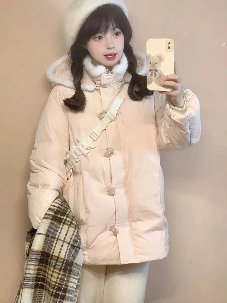 

Розовые милые парки с капюшоном, женские парки на молнии, шикарные пуговицы с меховым воротником, лоскутные пышные пальто, зимние толстые кавайные повседневные корейские верхняя одежда, новинка