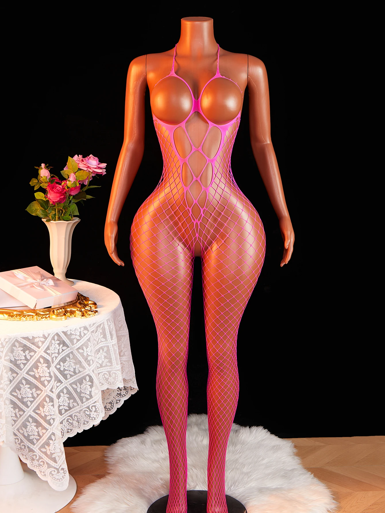 Rose Sheer Sexy Lingerie Open Bra Fishnet Bodystocking Fashion One-piece Crotchless Baby Transparent Nightwear Costumes