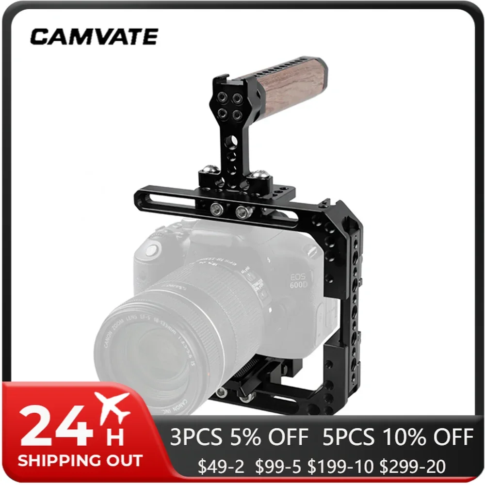 CAMVATE Universal Camera Cage Rig With Manfrotto Quick Release Baseplate & Wooden Top Handle For Canon Sony Panasonic Nikon