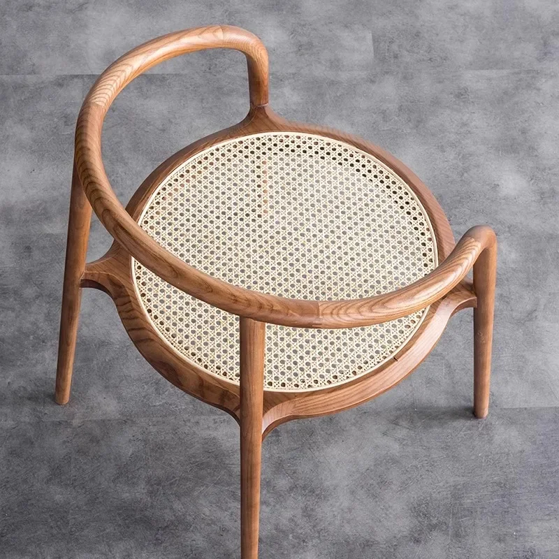 Restaurant solid wood medieval rattan dining chair,  homestay designer backrest home wabi-sabi single chair