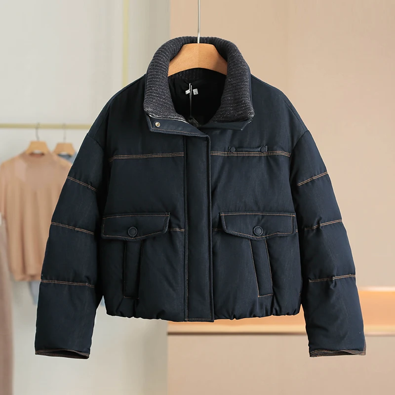 

Hang Hong Winter Short Knitted Patchwork Stand Collar down Jacket Casual Style Women's Coat Warmth Polyester Fiber Zipper Clo...