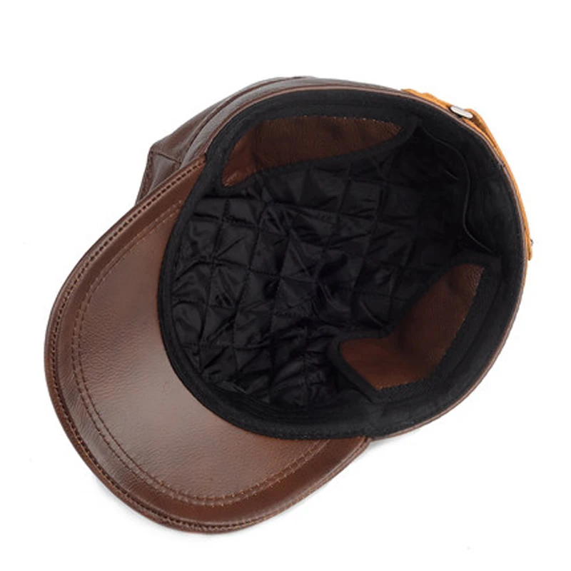Cowhide Leather Hat Men Winter Casual Outdoor Flat Top Octagonal Cap Male Korean Fashion Earflap Warm Newsboy Berets Dad Chapeau