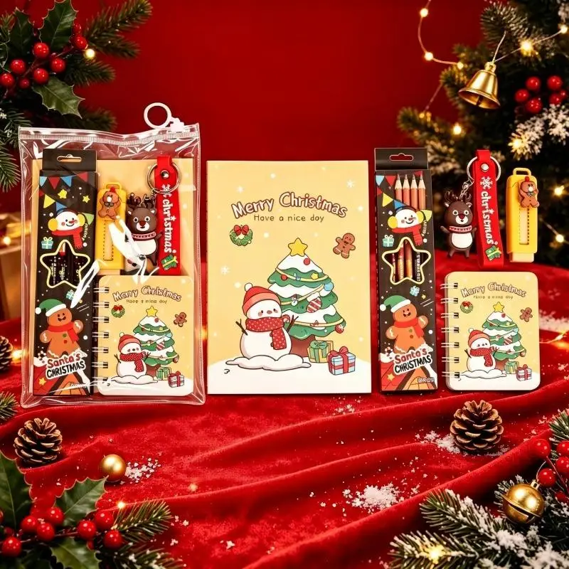 5Pcs Creative Stationery Set Christmas Festival Series With Pencils Notebooks Eraser Keychain For Student Gifts Prizes